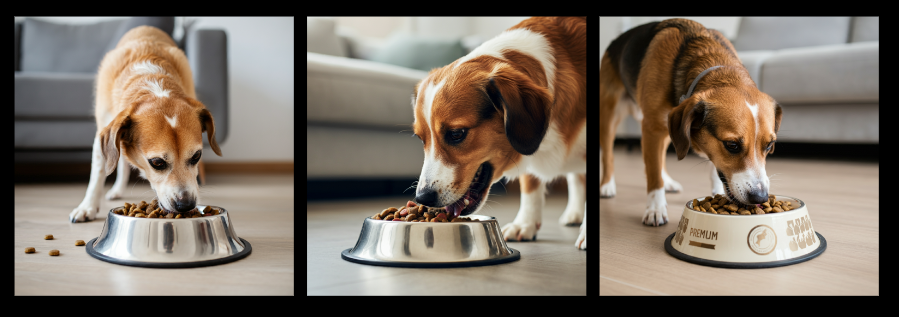 A series of three images showing a dog eating dry dog food from different bowls in a cozy home setting.