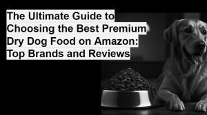 A Golden Retriever lying next to a bowl of dry dog food, with text that reads "The Ultimate Guide to Choosing the Best Premium Dry Dog Food on Amazon: Top Brands and Reviews" on a black and white background.