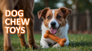 Happy brown and white dog lying on the grass with an orange bone-shaped chew toy in its mouth, with another dog partially visible in the foreground and the text 'DOG CHEW TOYS' overlaid in bold, orange letters.