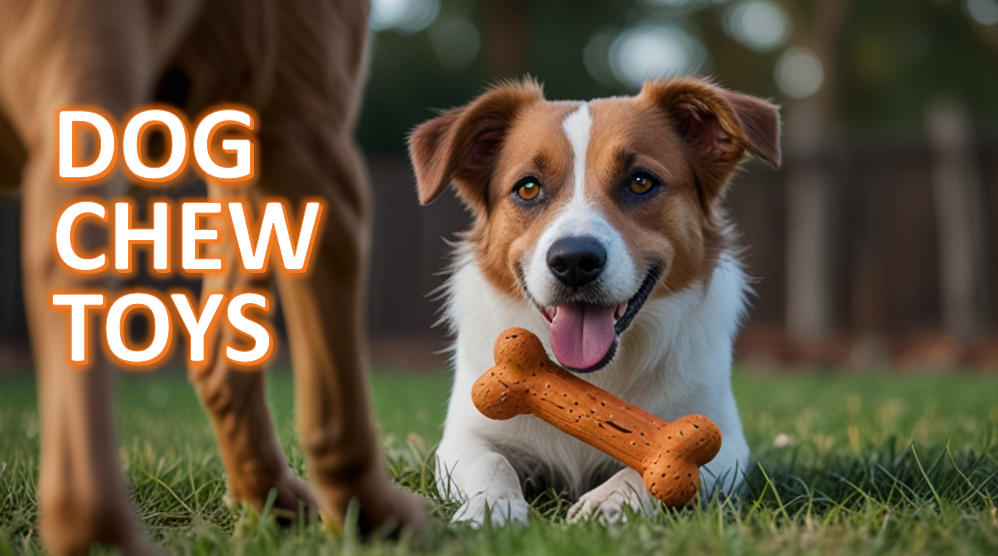 Happy brown and white dog lying on the grass with an orange bone-shaped chew toy in its mouth, with another dog partially visible in the foreground and the text 'DOG CHEW TOYS' overlaid in bold, orange letters.