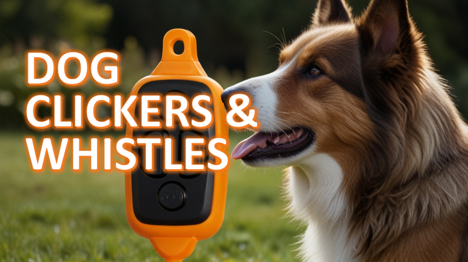 Brown and white dog sitting outdoors, focused on an orange dog clicker and whistle device, with the text 'DOG CLICKERS & WHISTLES' overlaid in bold, orange letters.