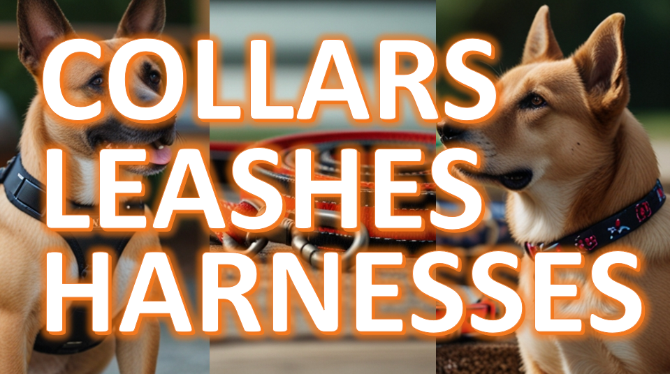 Composite image of dogs wearing collars, with a central focus on various colorful leashes and harnesses, overlaid with the text 'COLLARS LEASHES HARNESSES' in bold, orange letters.