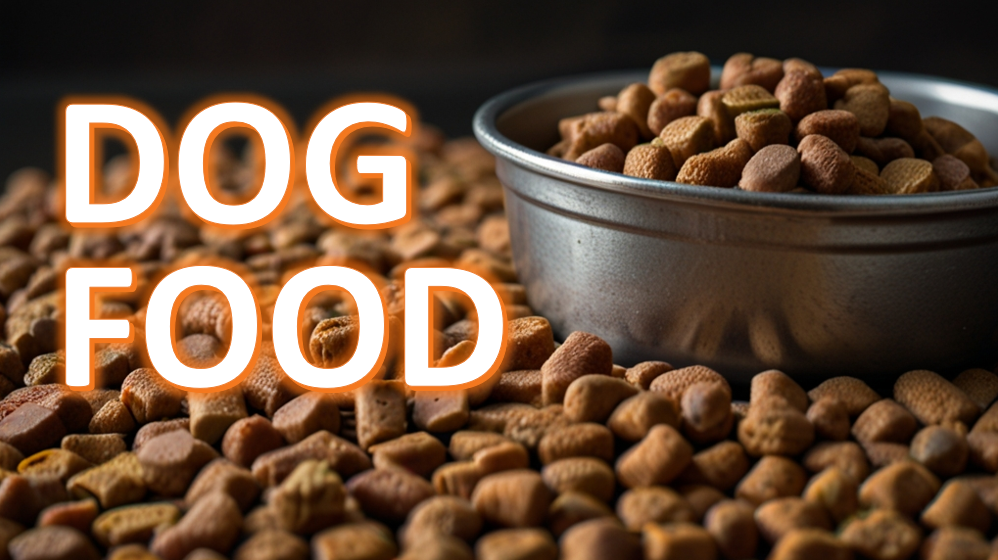 Metal bowl filled with light brown dry dog food kibble, surrounded by more kibble on a dark surface, with the text 'DOG FOOD' overlaid in bold, orange letters.