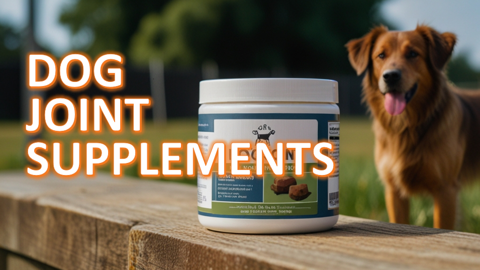 Container of dog joint supplements on a wooden surface with a brown dog standing on the grass in the background, with the text 'DOG JOINT SUPPLEMENTS' overlaid in bold, orange letters.
