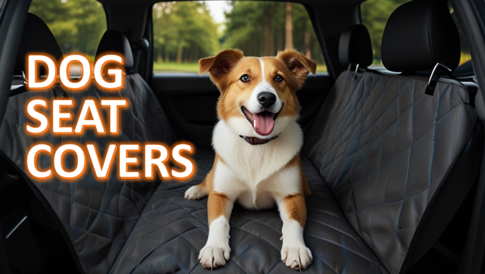 Happy brown and white dog sitting on a quilted dog seat cover in the backseat of a car, with the text 'DOG SEAT COVERS' overlaid in bold, orange letters.