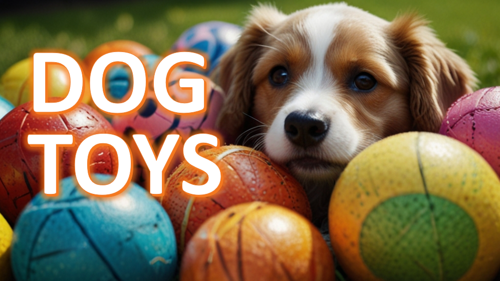 Adorable puppy with a white and brown coat surrounded by colorful dog toys in an outdoor grassy setting, with the text 'DOG TOYS' overlaid in bold, orange letters.