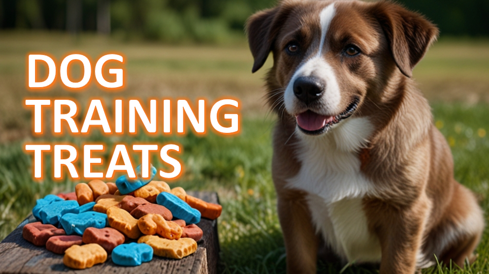 Brown and white dog sitting on the grass next to a wooden surface with a pile of colorful dog training treats, with the text 'DOG TRAINING TREATS' overlaid in bold, orange letters.