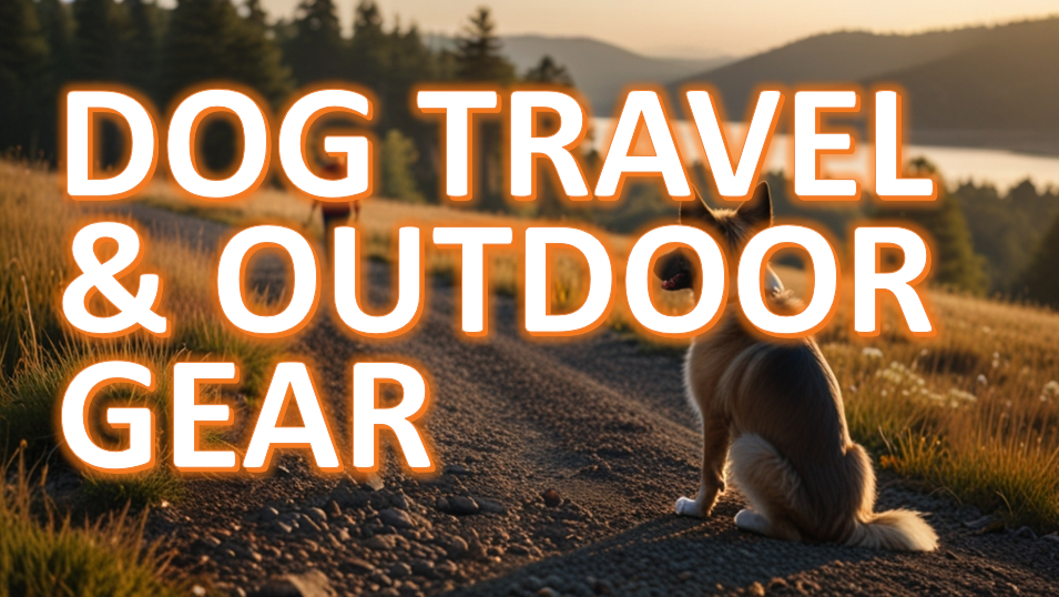 Dog sitting on a gravel path at sunset, overlooking a scenic mountainous landscape with text 'DOG TRAVEL & OUTDOOR GEAR' overlaid in bold, orange letters.