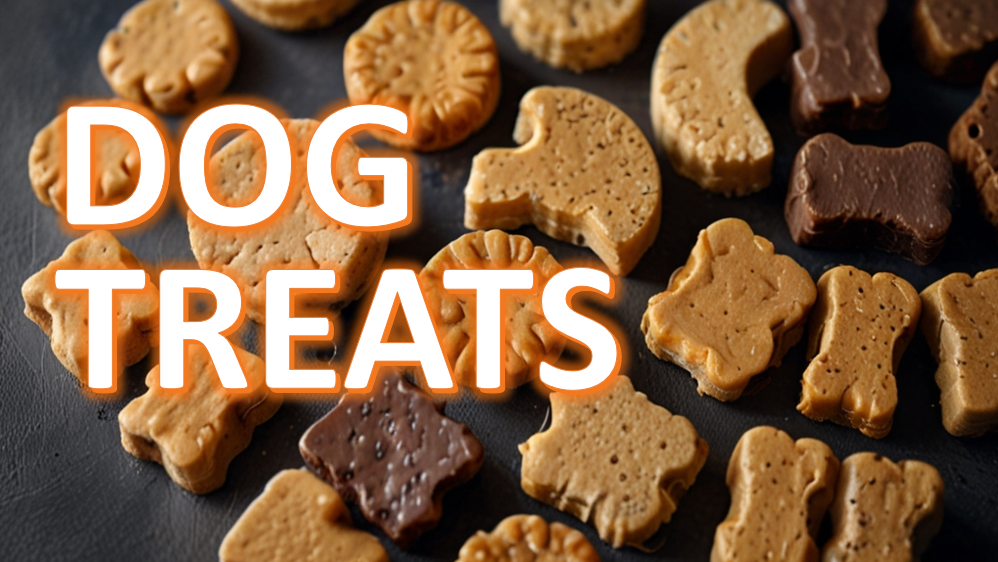 Assortment of dog treats in various shapes and shades of brown on a dark surface, with the text 'DOG TREATS' overlaid in bold, orange letters.