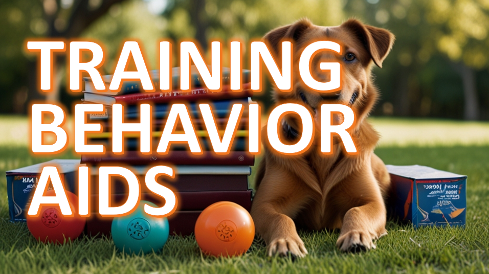 Golden-brown dog lying on the grass in front of training balls and behavior aids, with a stack of books in the background, overlaid with the text 'TRAINING BEHAVIOR AIDS' in bold, orange letters.