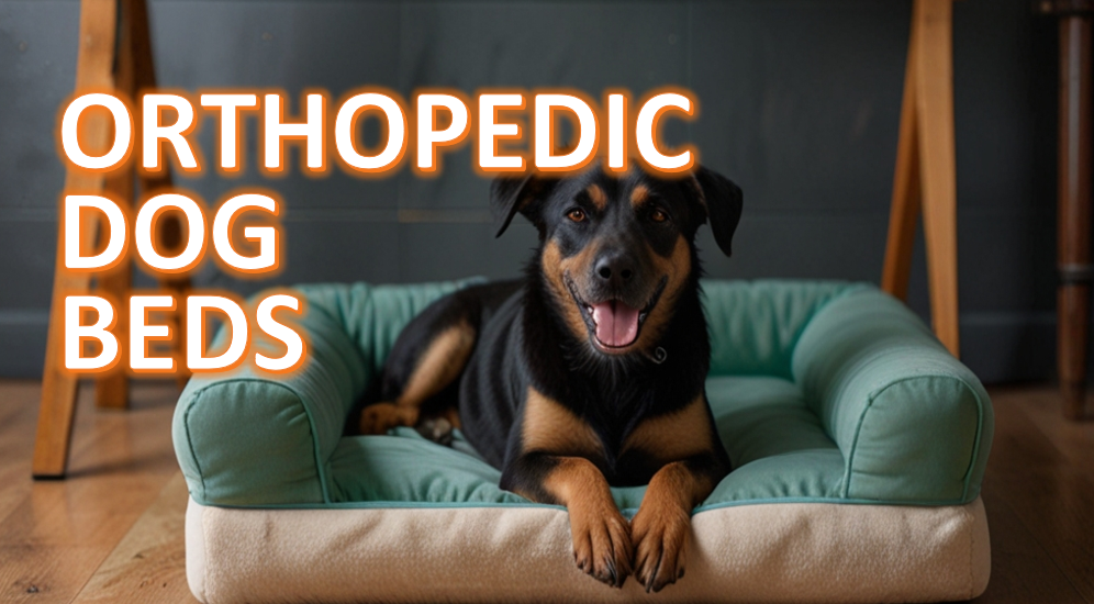 Black and tan dog lying on a light green orthopedic dog bed, indoors with a wooden floor and modern furniture, with the text 'ORTHOPEDIC DOG BEDS' overlaid in bold, orange letters.