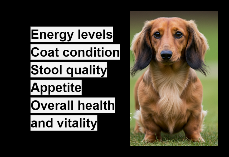 A Dachshund sitting on grass with a list of factors affecting dog health, including energy levels, coat condition, stool quality, appetite, and overall health and vitality.