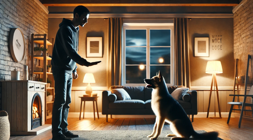 A dog owner in a cozy living room at night, calmly training their attentive dog, who is sitting on a rug. The room is warmly lit, with a glowing fireplace and a large window showing the night sky.