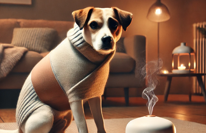 A dog wearing an anxiety wrap or using a calming pheromone diffuser, emphasizing the importance of addressing anxiety and fear in dogs