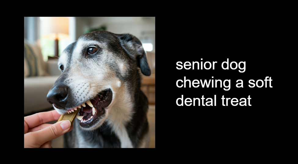 Senior dog chewing a soft dental treat.